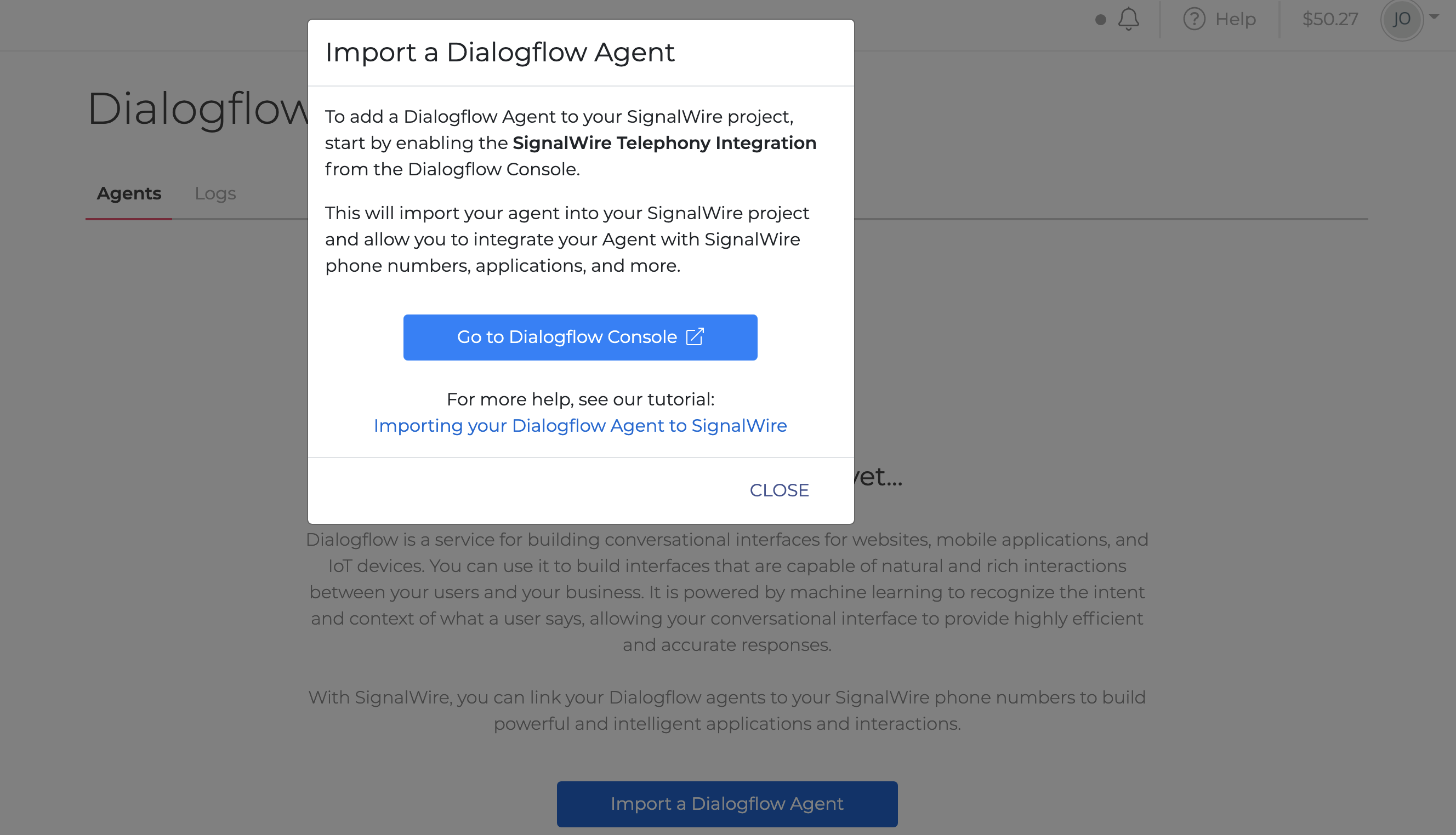 The 'Import a Dialogflow Agent' popup. A blue button gis labeled 'Go to Dialogflow Console'.