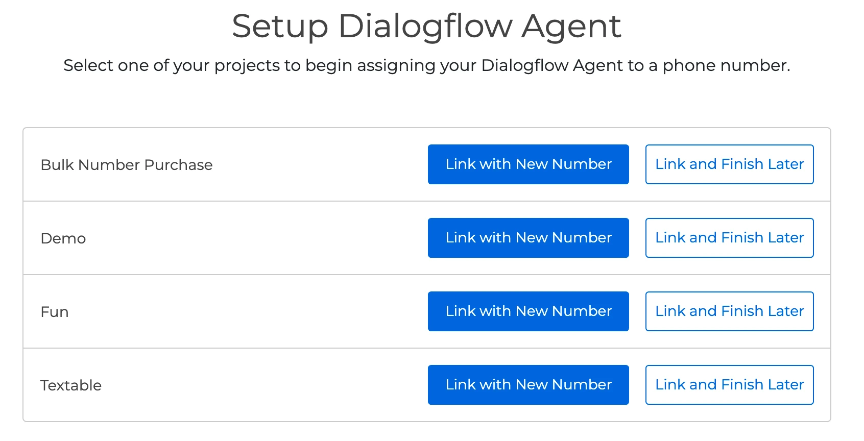 The Setup Dialogflow Agent page, with options to link new numbers or link and finish later.