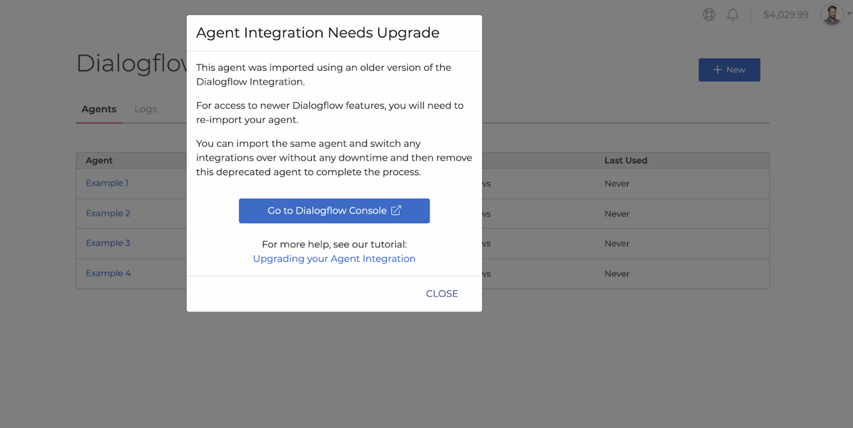 a popup window titled 'Agent Integration Needs Upgrade, with a blue button titled 'Go to Dialogflow Console'.