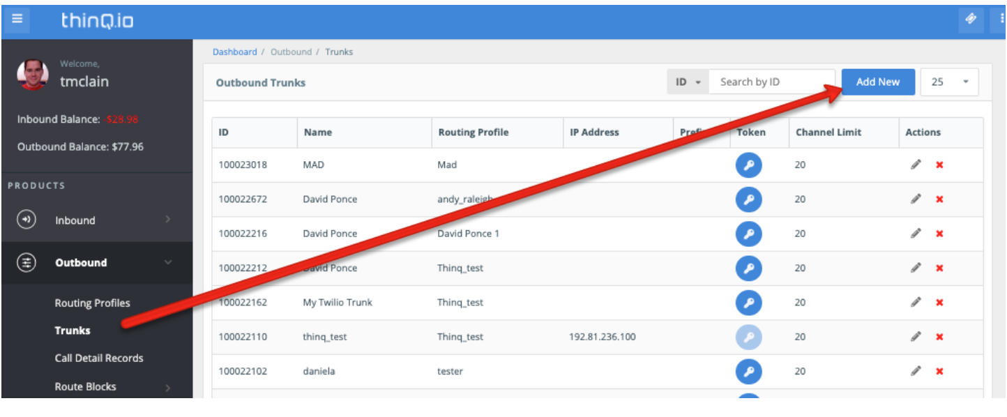 The Trunks pane of the Outbound tab of the thinQ interface, with a red arrow pointing to the button labeled 'Add New'