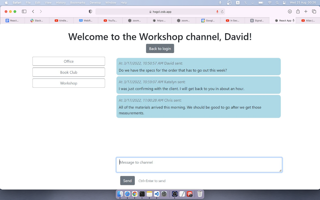 a chat application using the SignalWire Chat JS SDK and React. The application has three chat channels: Office, Book Club, and Workshop. Several sample messages from different users are shown. There is a text box and a Send button