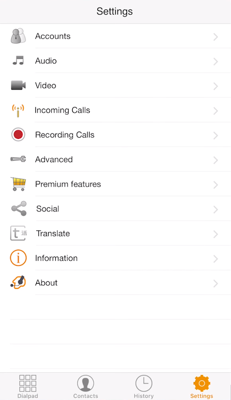 the Settings page, showing an Accounts option