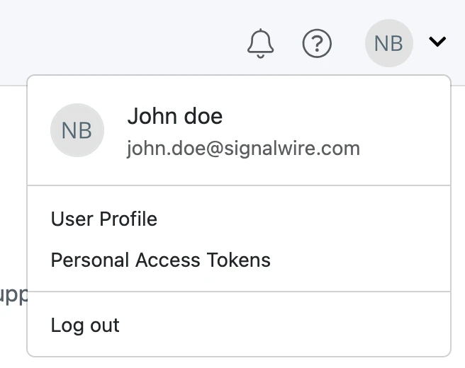 The top right menu of the SignalWire Space
