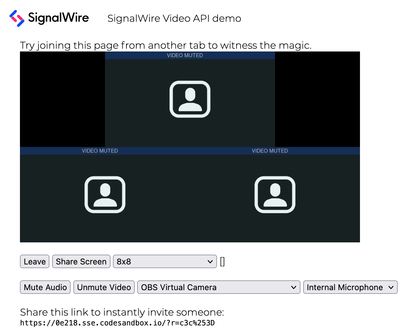 SignalWire video call with controls for screen share, layout, audio, and video.